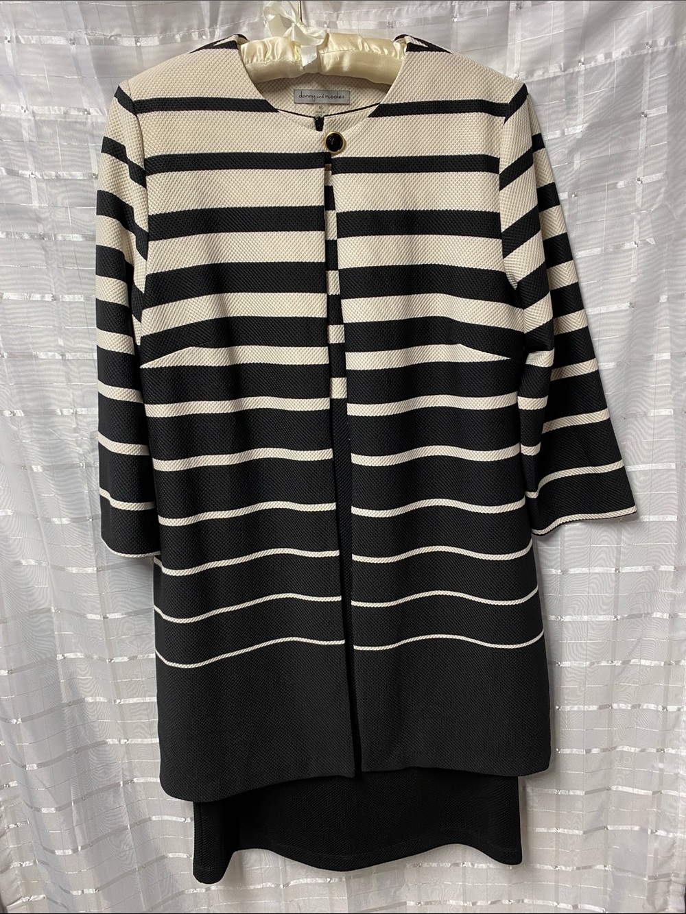 Danny & Nicole 2-Piece Striped Jacket Sheath Dress Set Black Ivory 16